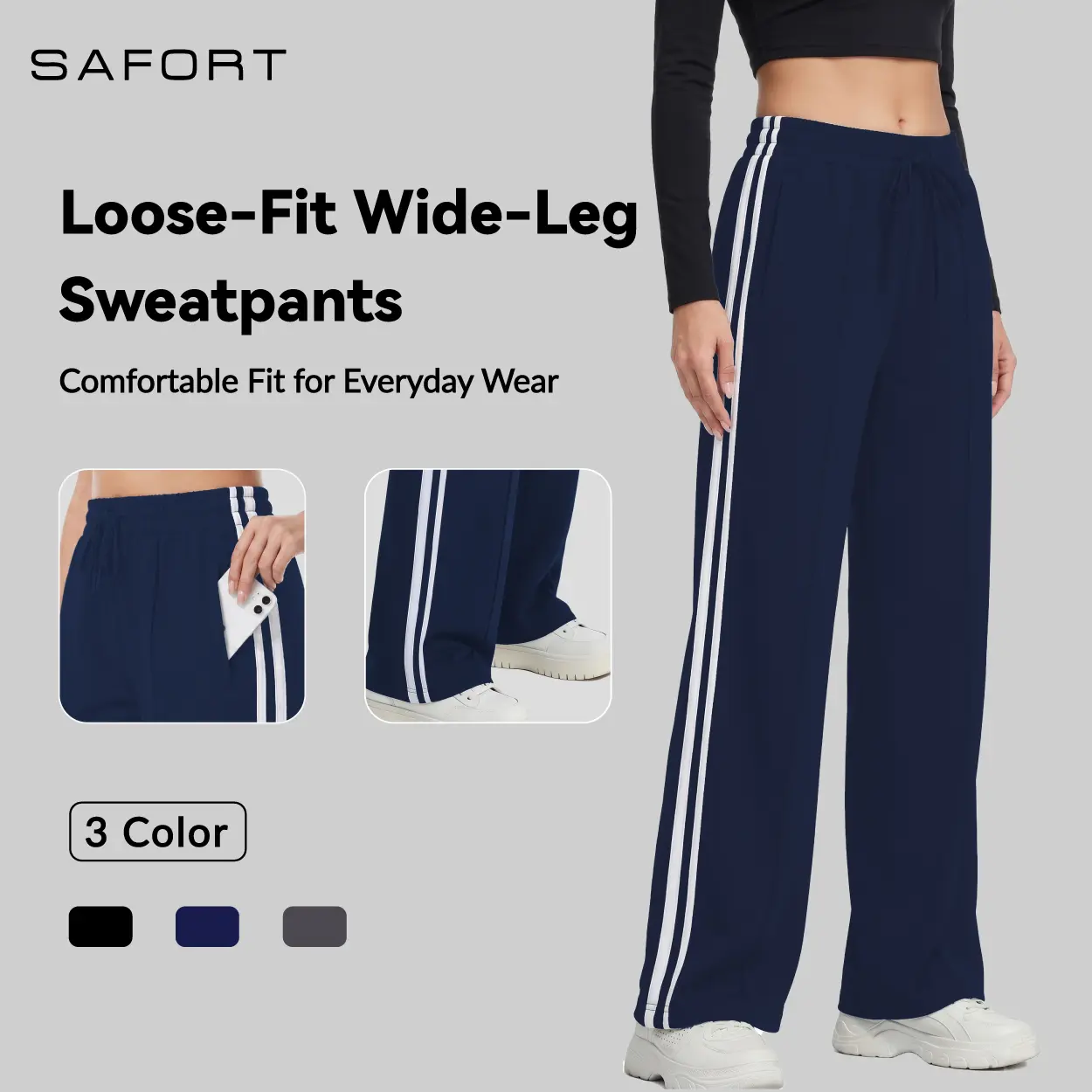 Safort Female 92%-Cotton 8%-Spandex High Waist Drawstring Elastic Waistband Baggy Straight Leg Side Striped Athletic Lounge Pants with Pockets, Comfy Casual Streetwear for All Seasons, Grey, Work, Pants For Women, Side Stripes, Full Length, Athletic Sport