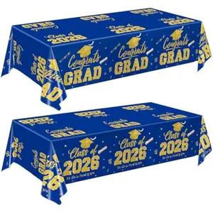 Graduation Decorations 2026, Blue and Gold Tablecloths, 2 Pack Congrats Grad Plastic Disposable Table Covers, 54" x 108"
