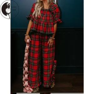 Women's Pajama Set Stripes/Plaid Short Sleeve Square Neck T-shirt with Pants Sleepwear Loungewear Red Womenswear 100% Polyester Comfy Homewear