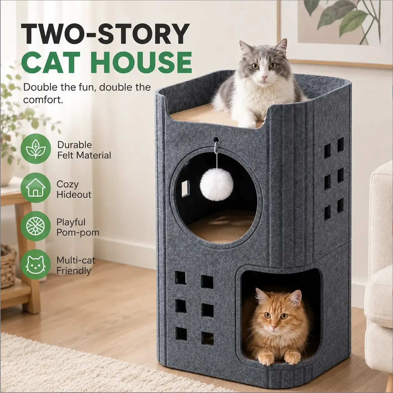 CutiesPie 2-Story Felt Cat House with OPEN ROOF – WINTER WARM PET Condo for Medium Pets with Cozy Hideouts, Reversible Cushion and Spacious Top Lounger #MediumPet