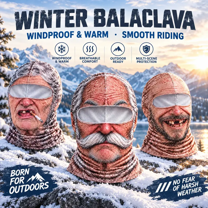 Funny Old Man Face Balaclava Mask, Dralon Thermal Fabric, Warm Wind-Resistant Full Face Winter Ski Mask for Sports & Outdoor Activities