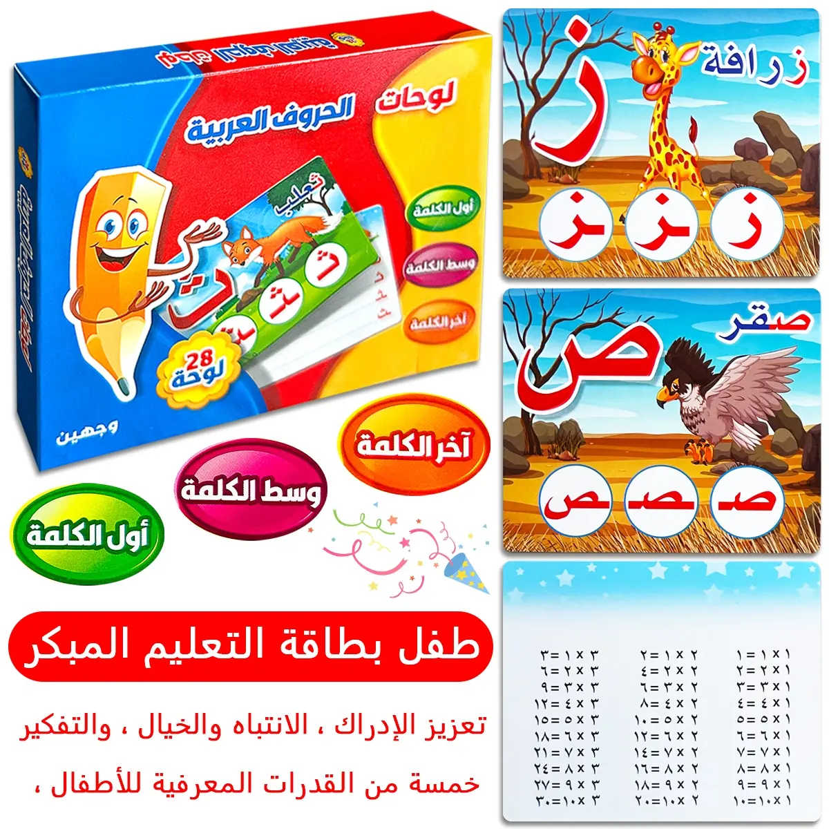 Arabic Alphabet Vocabulary Flashcards Set Study Cards for Kids, Colorful Writing Backs, Toddler Arabic Learning Toys, 28 Pcs, New Condition