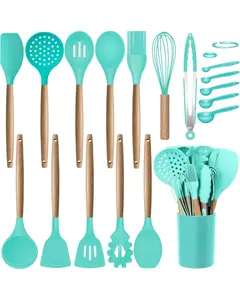 Silicone Cooking Kitchen Utensils Set with Holder, Wooden Handles Cooking Tool BPA Free Turner Tongs Spatula Spoon for Nonstick Cookware (Teal)