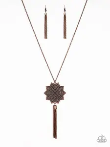 From Sunup To Sundown - Copper Sunburst Pendant with Tassel falls on Dainty Chain Pendant Necklace