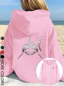 New Creative Shark Print Hoodie, Letter Print Zipper Hooded Sweatshirt, Fashion Women's Casual Wear for Fall & Winter