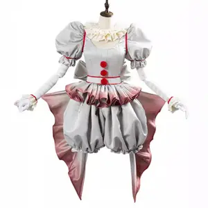 Pennywise Pink Clown Costume Set with Bubble Sleeves and Red Balls for Women Horror Cosplay