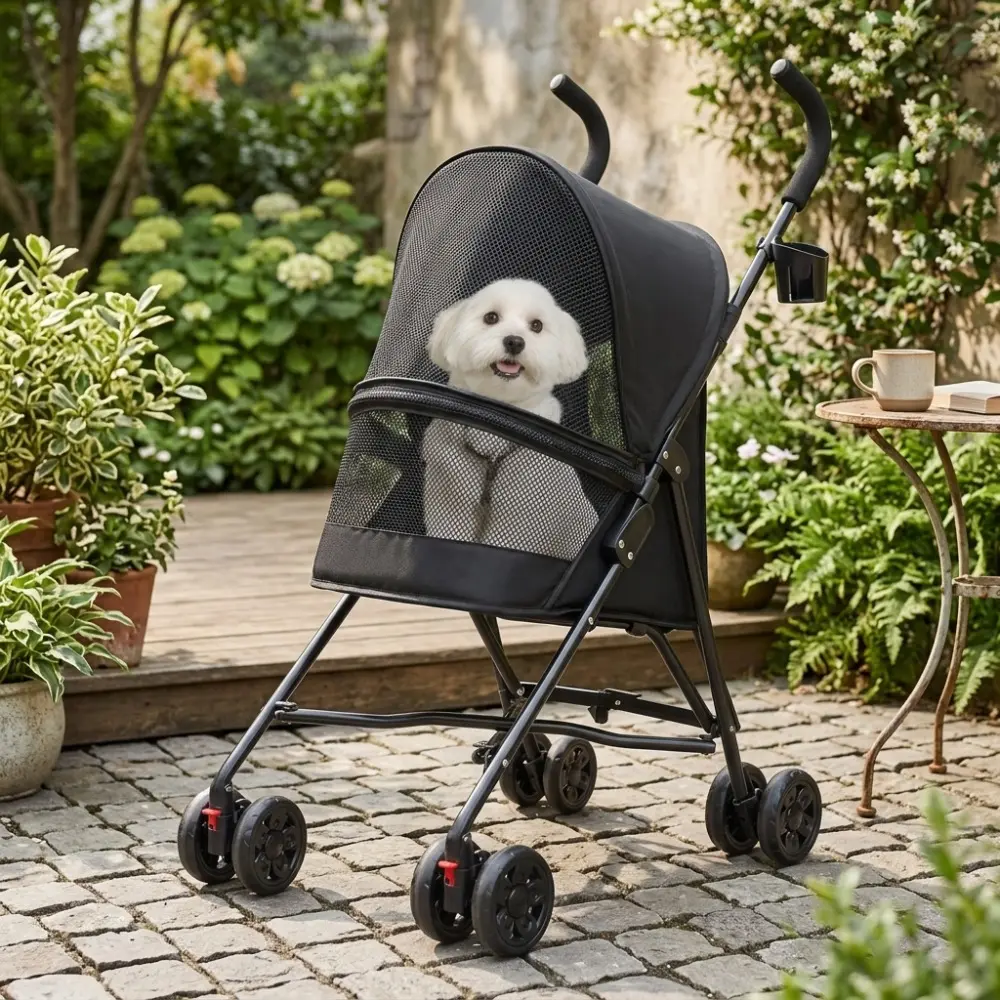 Littleox Pet Stroller for Small Dogs Cats with Mesh Ventilation, Lightweight Foldable Design, Cup Holder, Black