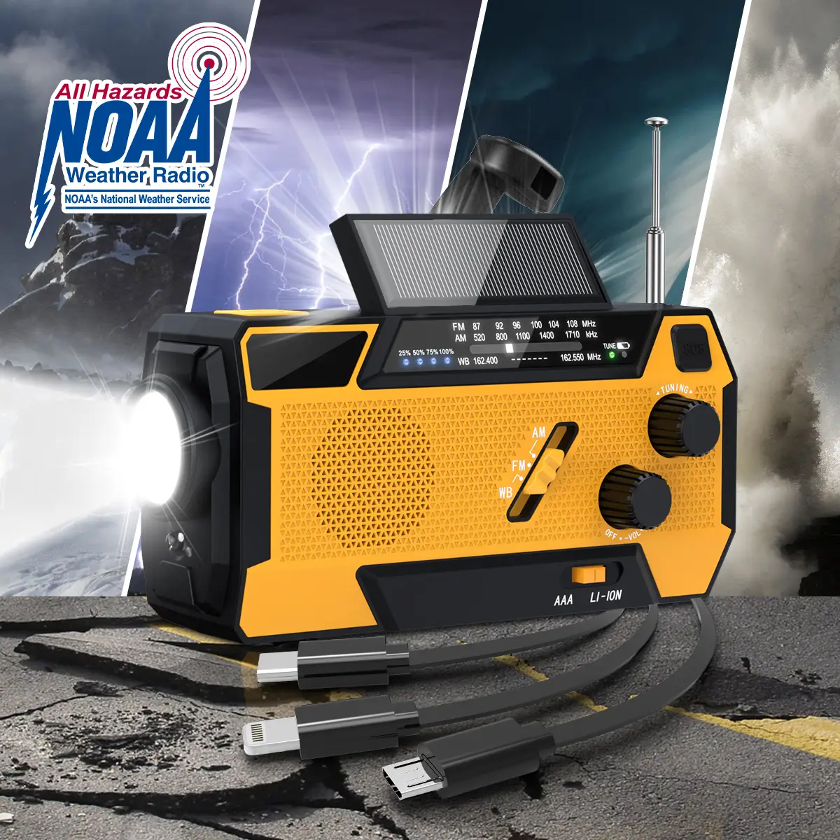 2000mAh Solar Hand Crank Weather Radio, AM/FM/NOAA, Flashlight & SOS Alarm for Hurricane Preparedness & Outdoor Emergencies