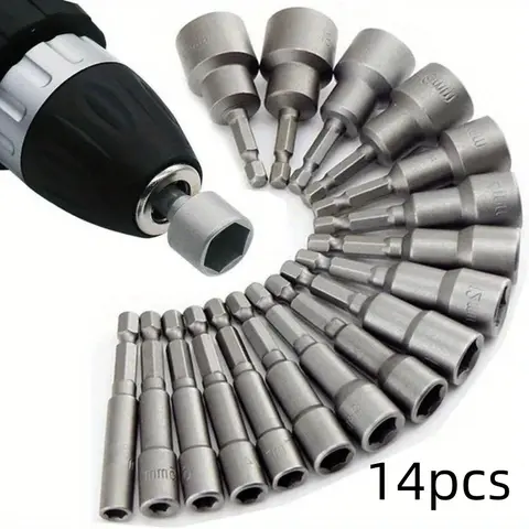 Hexagonal Shank Metal Heavy Duty Nut Driver Bit Set, 14 Pcs Power Tool Accessories for Drill, Industrial Hardware