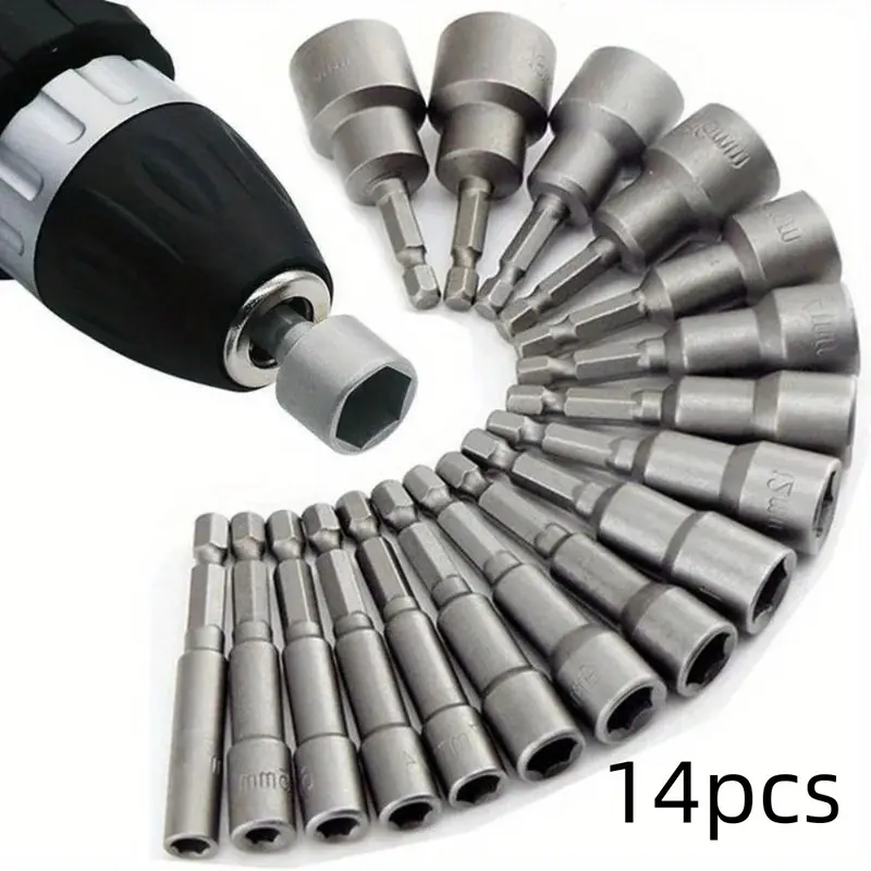Hexagonal Shank Metal Heavy Duty Nut Driver Bit Set, 14 Pcs Power Tool Accessories for Drill, Industrial Hardware