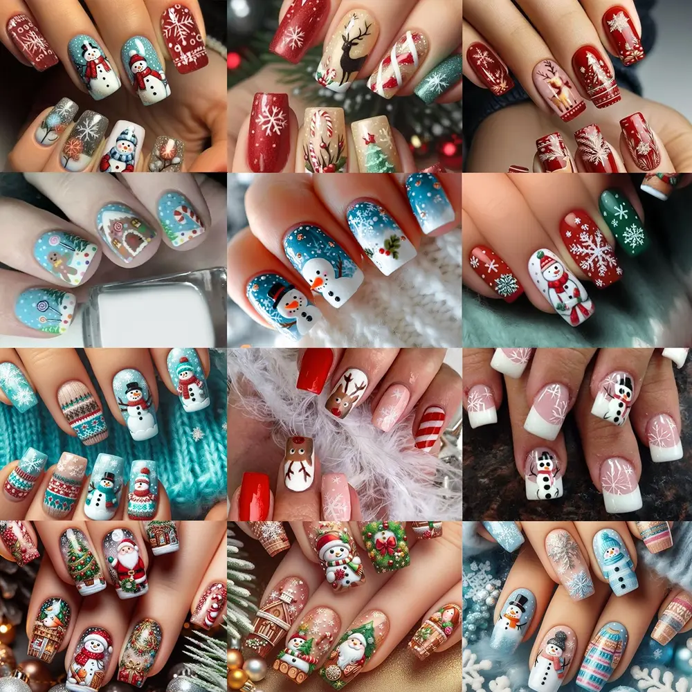 Christmas 288pcs Square Nail Art Set, Santa Claus, Snowman, Reindeer, Gingerbread Man Designs, Acrylic False Nails for Women and Girls