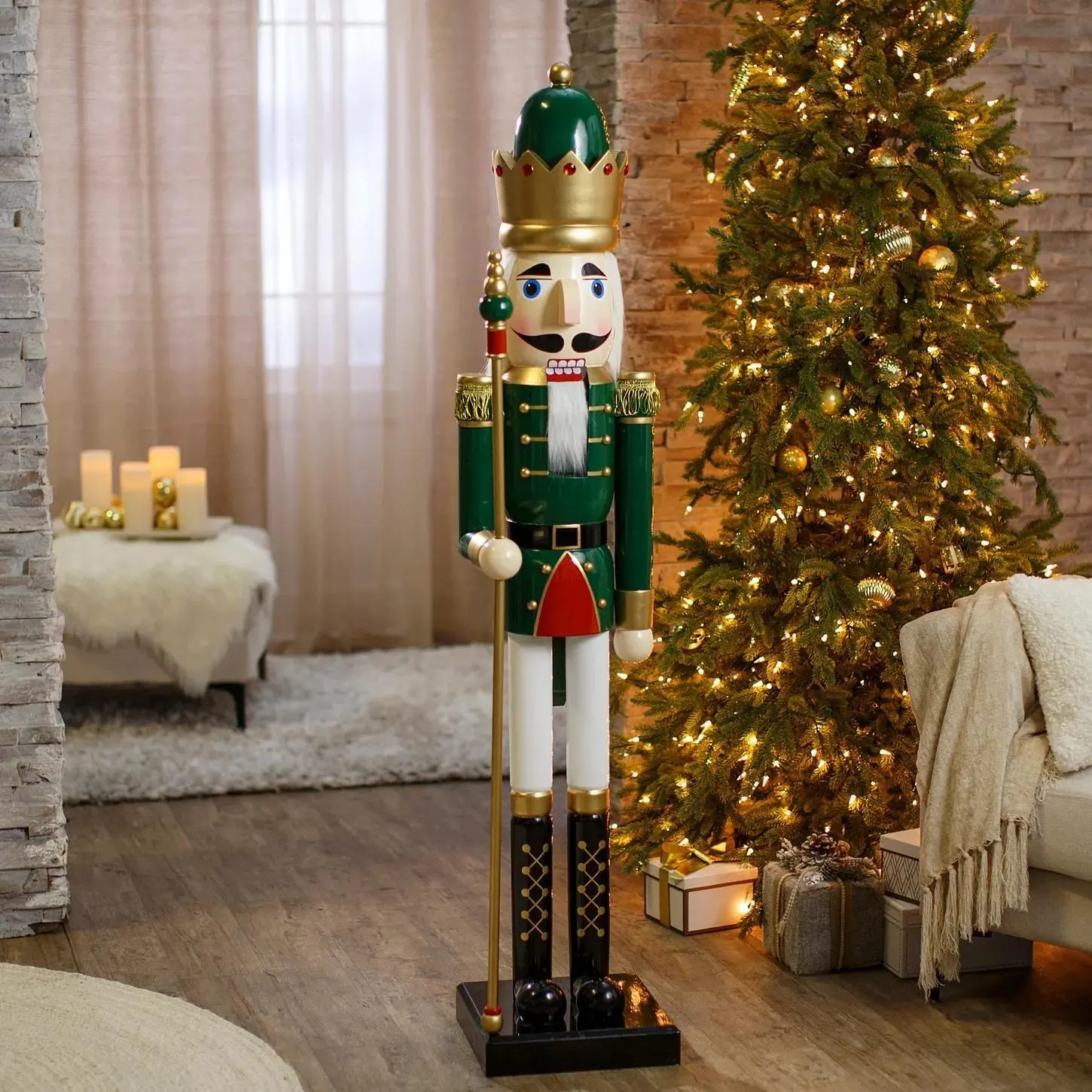 5 Ft Giant Classic Green Wooden Christmas Nutcracker with Scepter, Tall Holiday Soldier Figurine for Home & Entryway Decor