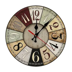 10in/12in Round Wood Vintage Multi-Tone Patchwork Numeral Wall Clock - Battery-Operated, Easy Assembly, Rustic Cottage Silent Room Decor