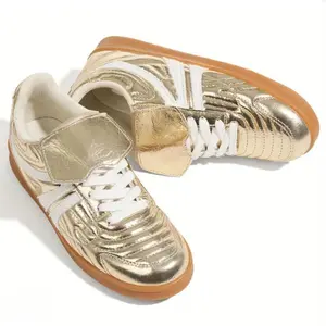 Metallic Gold Retro Sneakers for Women, Shiny Patent Leather Lace-Up Shoes with Foldover Tongue and Gum Rubber Sole Casual Streetwear Footwear