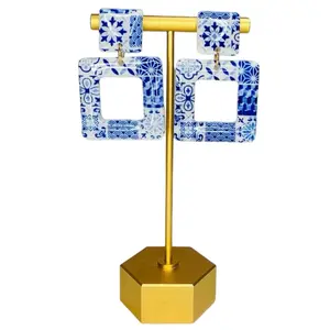Santorini Inspired Handmade Polymer Clay Earrings - Mediterranean Ceramic Inspired Blue and White Tile Print
