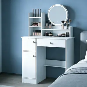 Bedroom Vanity Desk with LED Lighted Mirror, Storage Cabinet Vanity Table, Small Space Makeup Vanity Set