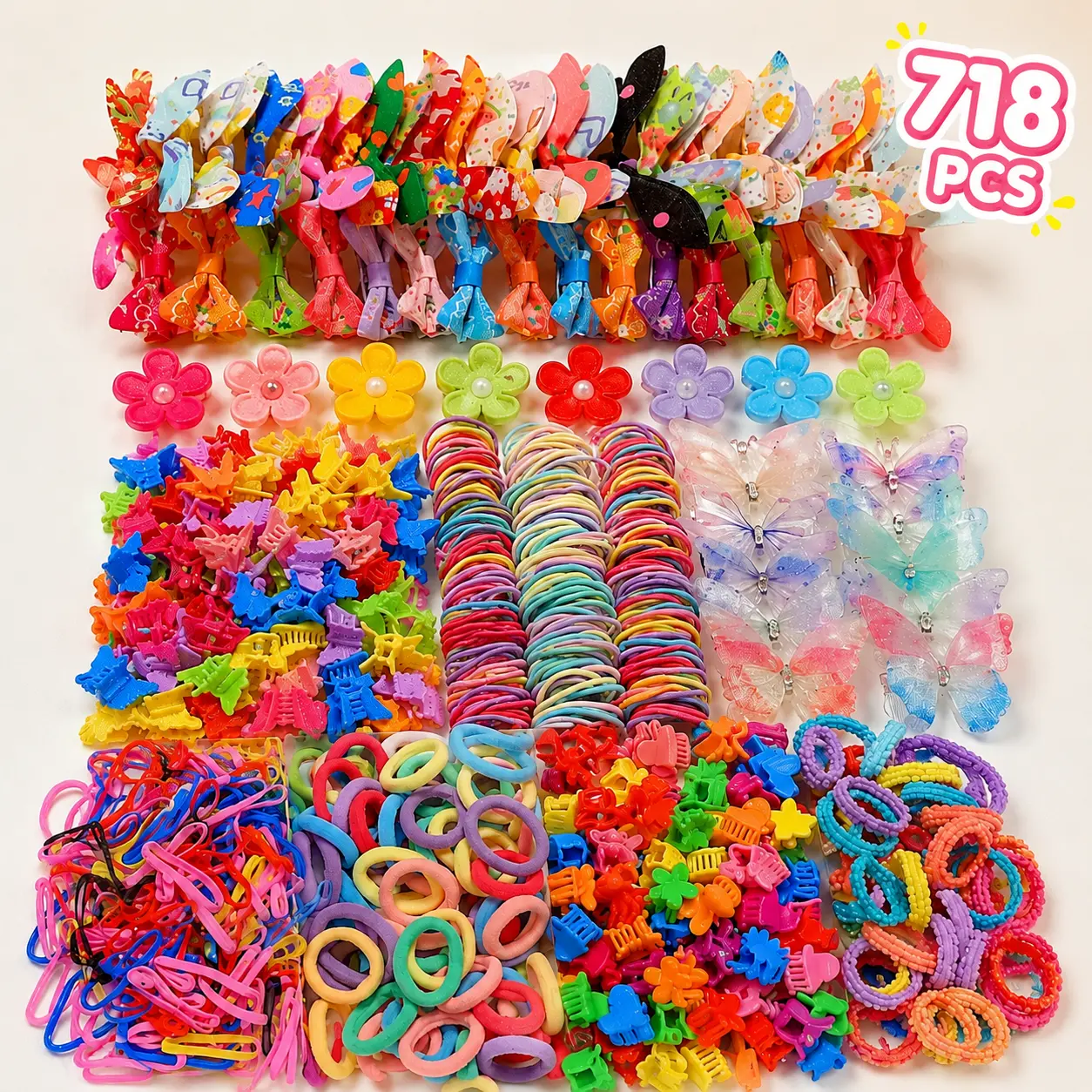 718PCS Girls Hair Accessories Set – Colorful Butterfly Clips, Elastic Bands & Ponytail Ties Kit
