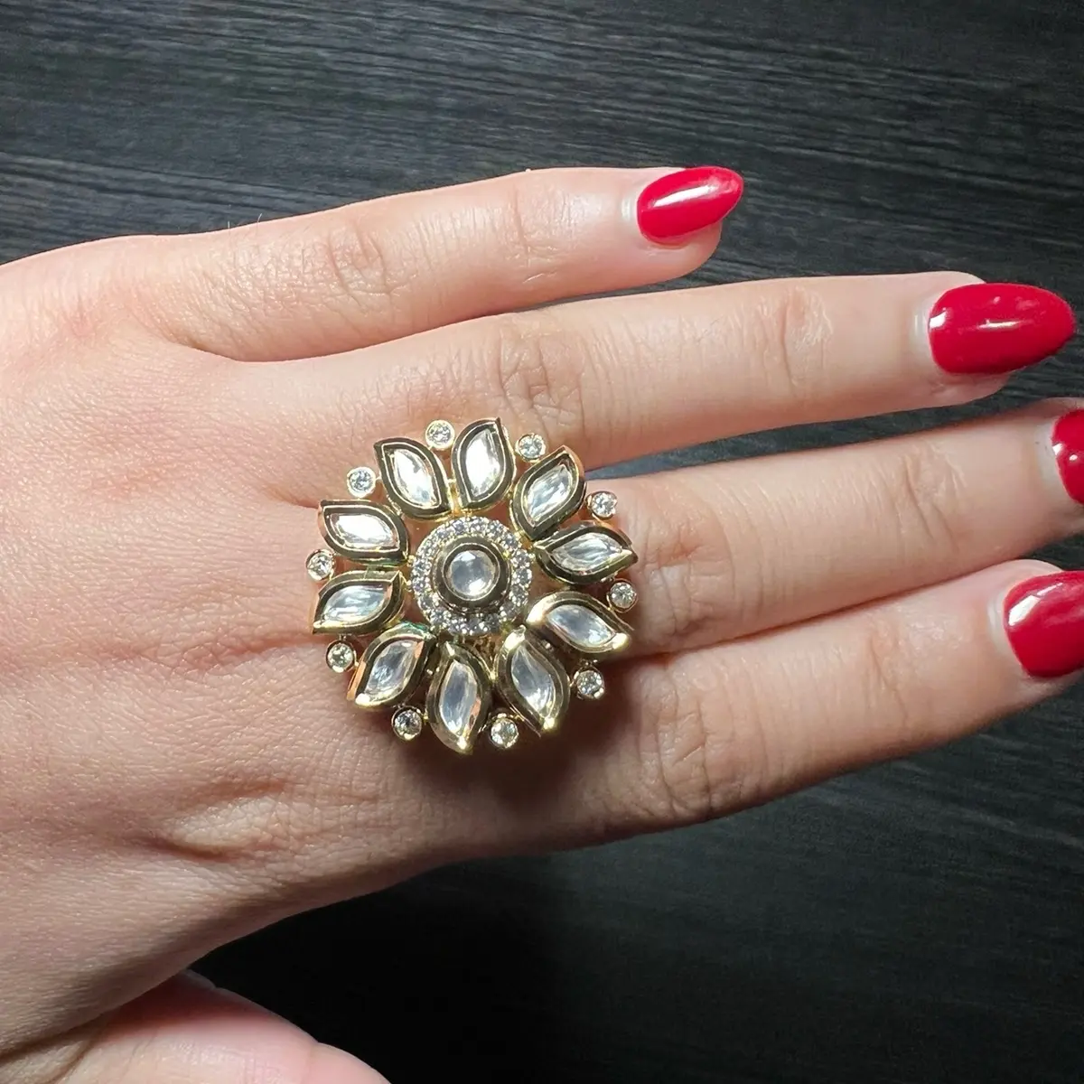 Kundan and moissanite non tarnish adjustable ring