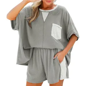 Women's 2-Piece Waffle Knit Clothes Set - Loose Baggy Oversized Round Neck Short Sleeve T-Shirt, Elastic Bottom with Pockets, Summer Casual Loungwear Women's 2-Piece Set