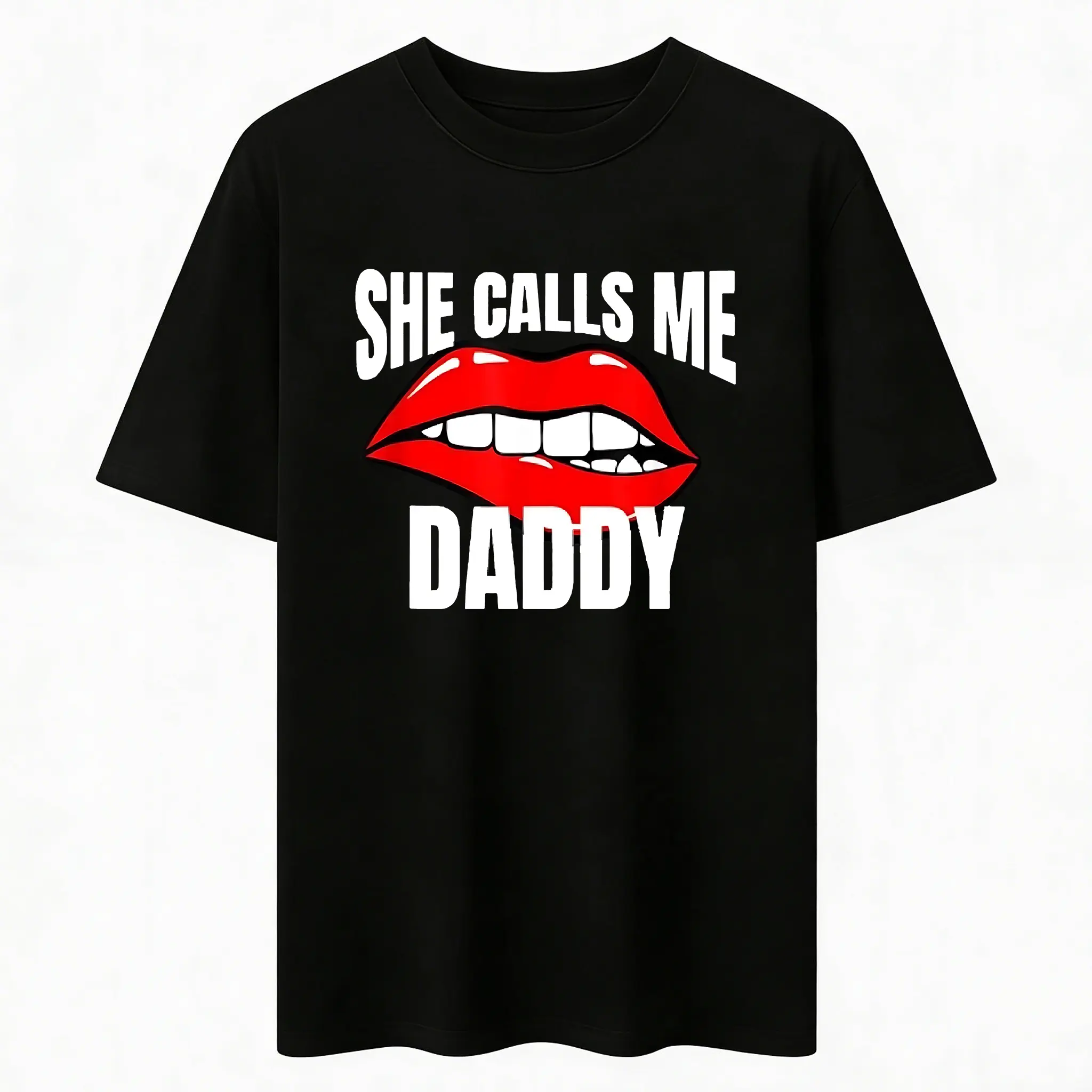 Y2K Graphic Tee "She Calls Me Daddy" Lip Print Black T-Shirt, 100% Cotton Premium Oversized Drop Shoulder Streetwear Top for Men & Women