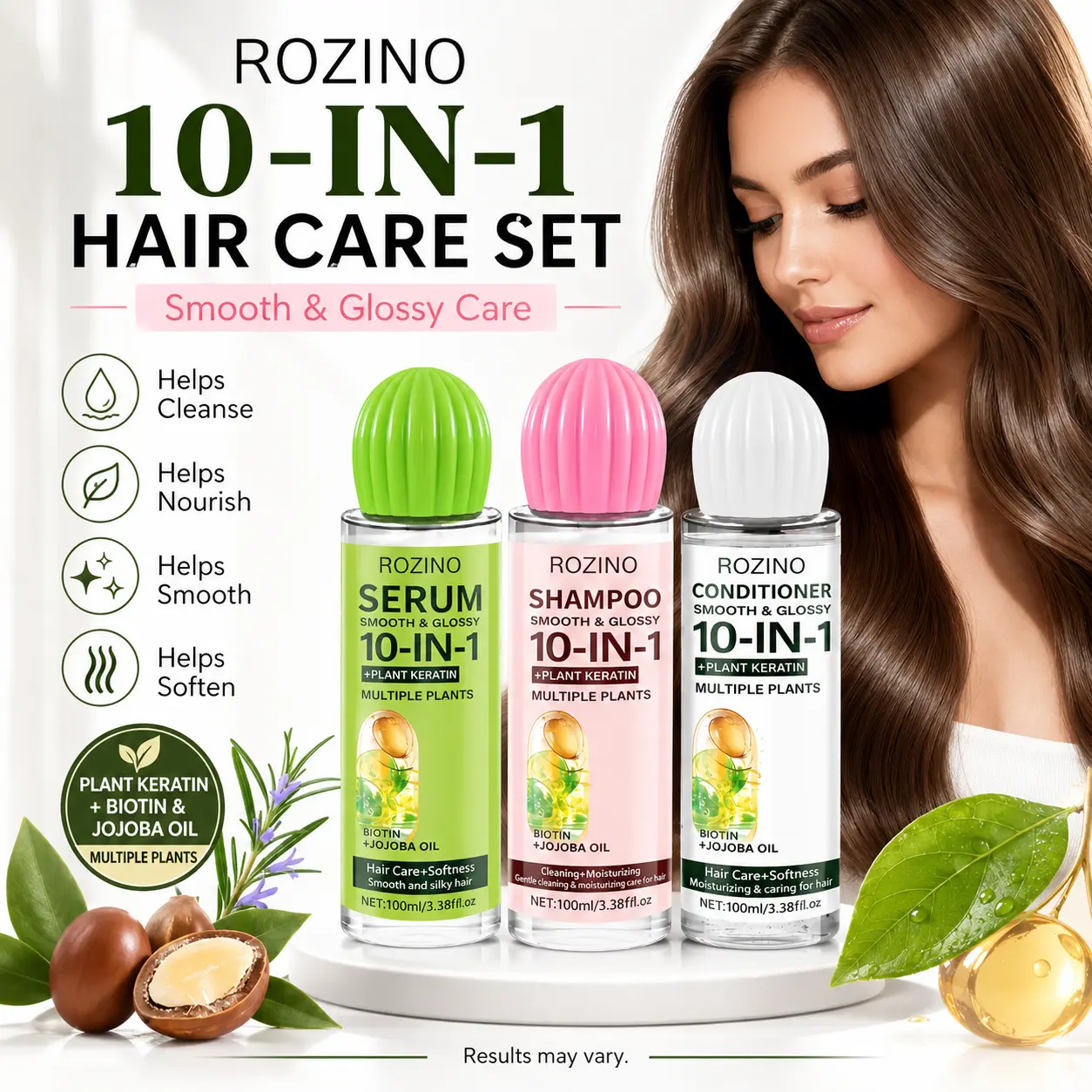 ROZINO 10-in-1 Plant-Based Haircare Set - 3-Piece Shampoo, Conditioner & Hair Serum for Daily Cleansing, Oil Control & Smooth, Glossy Hair, Gentle, Biotin, Jojoba Oil, Softens