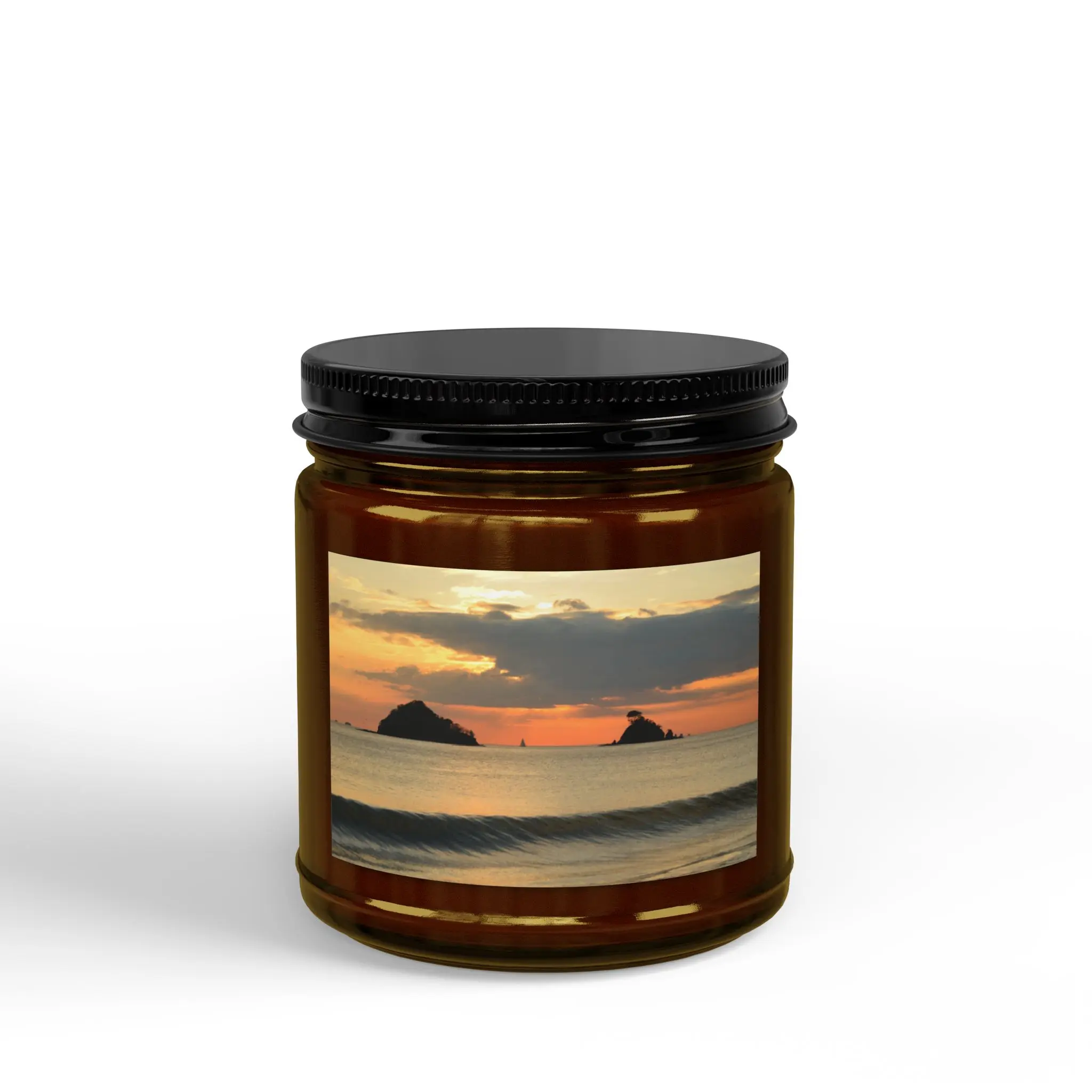 Sunset Beach Photo Candle Jar 4oz 9oz | Soy Candle with Black Lid
