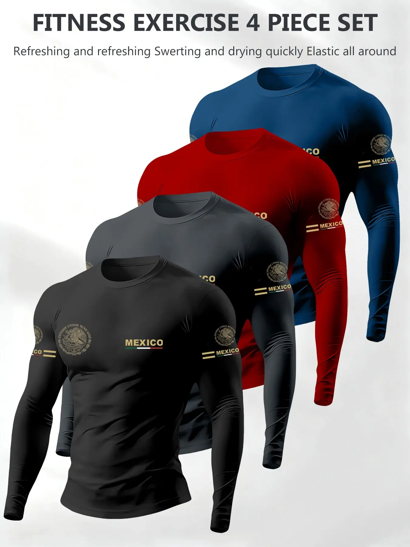 Men's Fashion Vintage Mexican Emblem Print Long Sleeve T-Shirt Set, Menswear, Trendy Spring Fall Casual Wear, Unique Pattern Streetwear Outfit