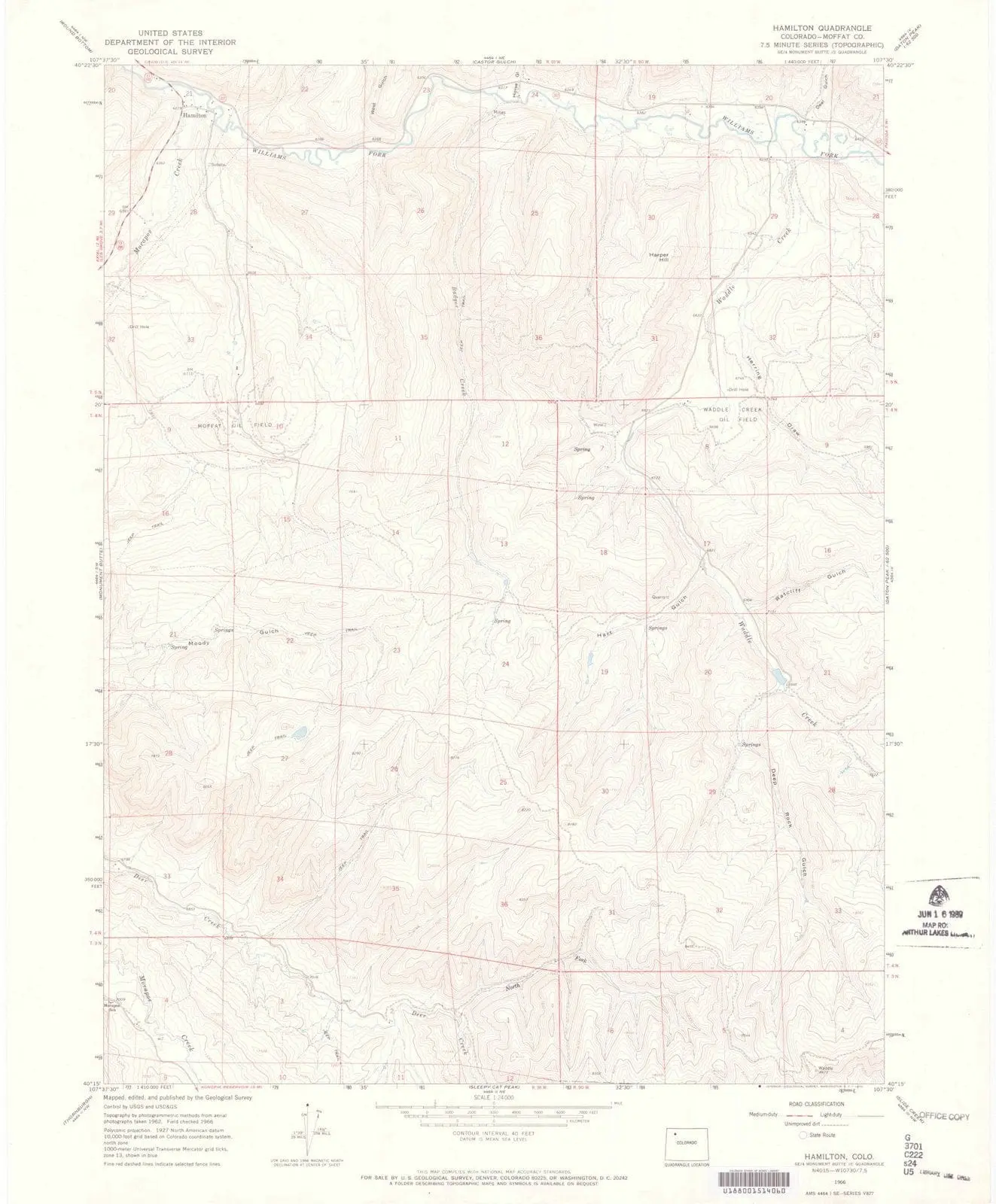 Hamilton Colorado USGS Topographic Quadrangle Map, 1966, 1:24000