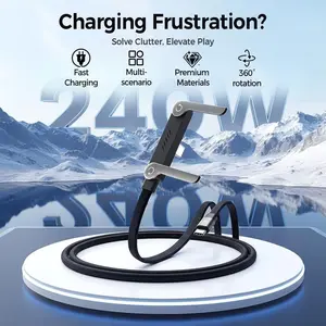 Type-C power cable with a 2-in-1 charging cable and phone stand, featuring 240W ultra-fast charging. Suitable for gaming, office use, and car travel - black