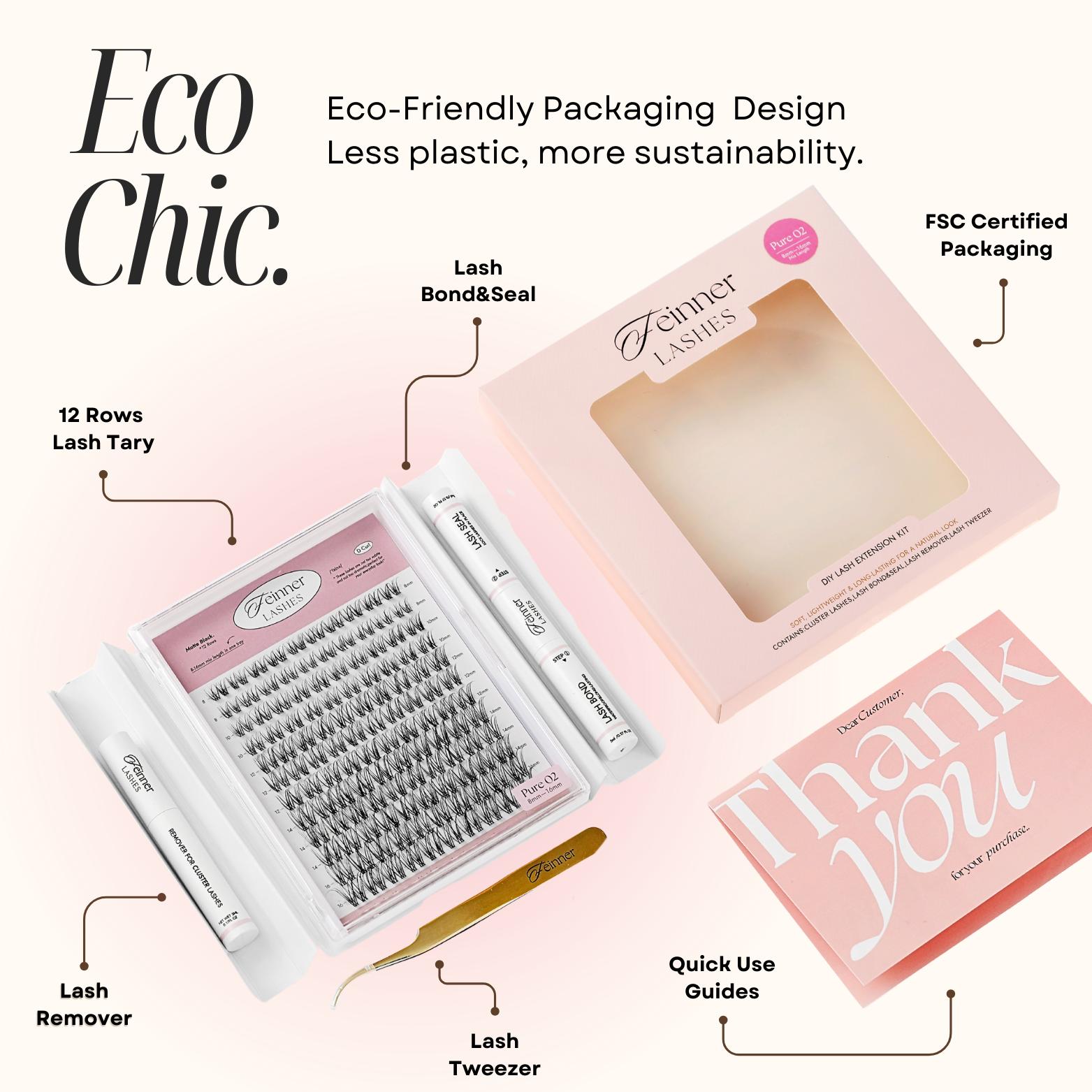 Feinner DIY Lash Cluster Kit Invisible Soft Band Long Lasting Waterproof Bond Seal Remover Natural Eyelashes for Salon Quality at Home Must-Have Cluster Pure Clean Look