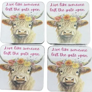 Coasters with Cute Cow Design and Inspirational Quote Live Like Someone Left the Gate Open Set of 4