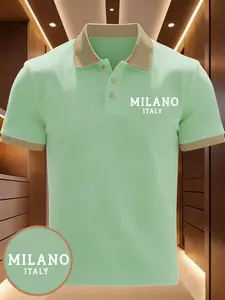 "milano Italy" Casual Geometric Print Polo Shirt, Slim-Fit Short Sleeve, Business & Leisure, Ideal for Daily Wear, Gifts, Travel, Events