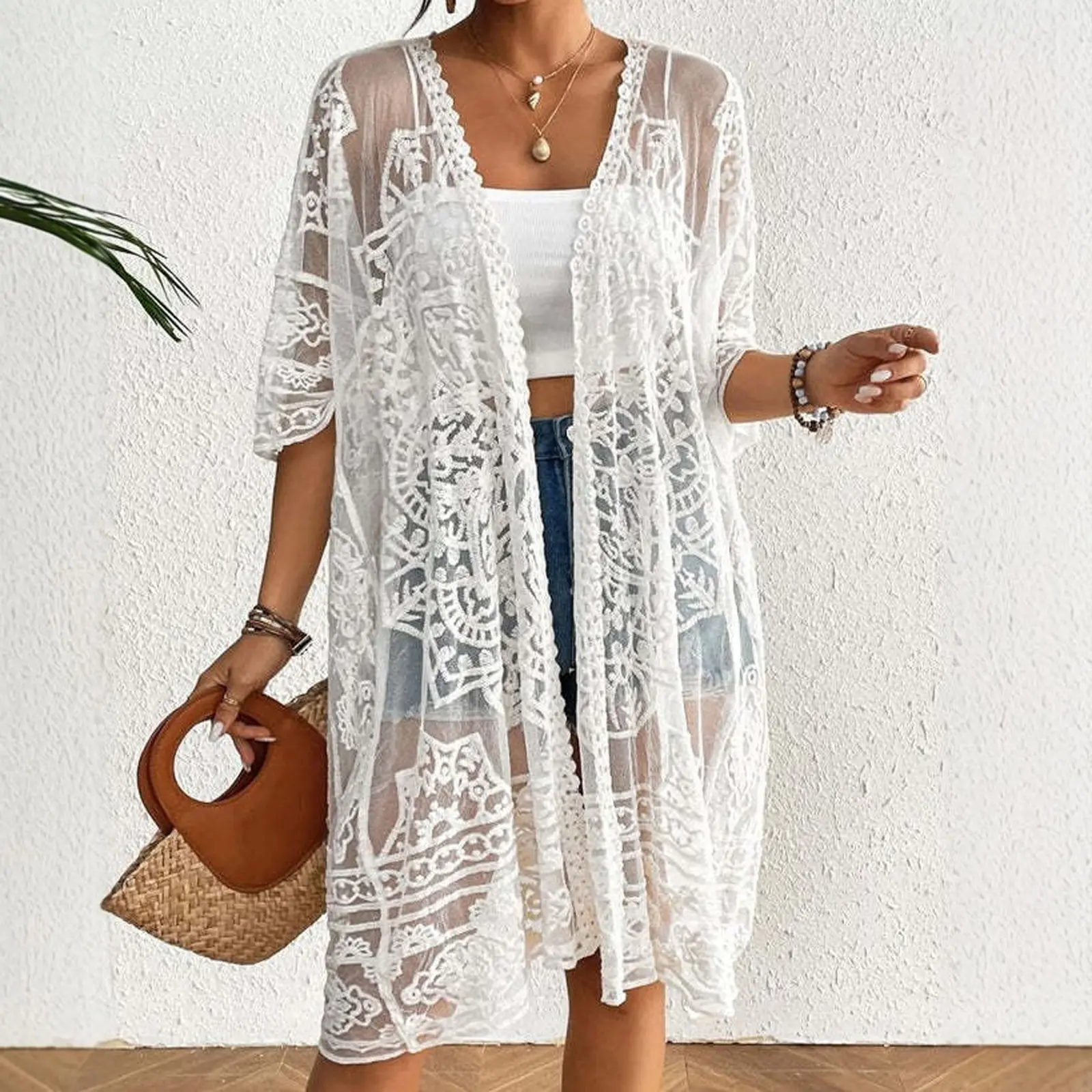 Luxury Women's Lace Bikini Cover-Up 3/4 Sleeves Open Front Sheer Mesh Crochet Kimono Cardigan, Trendy, Viral Style, Beachwear, Timeless, Resort Wear, Modern, Wardrobe Staple, Go To, Viral Fashion, Party Outfit