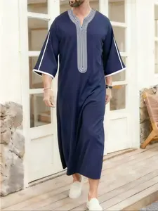 Muslim Men's Thobe Short Sleeve Embroidered Moroccan Style Islamic Men's Traditional Clothing Holiday Party Ramadan Gift Men's Abaya Traditional Arabic Robe