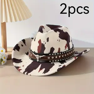 Cow Pattern Contrasting Splicing Rivet Detail Double Layer Outdoor Holiday Cowboy Hat 2 Pieces