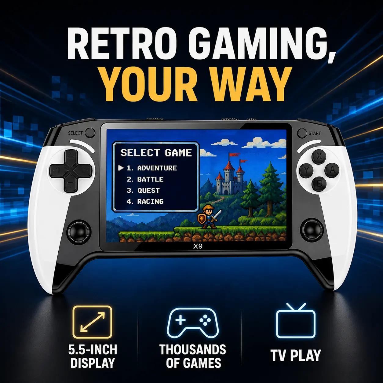 X9 Handheld Game Console, 5.5 Inch HD Screen, Retro Gaming, Home Relaxation, Friend Gatherings,Portable Retro Arcade System with Two-Player Support, TV Output, Audio and Video