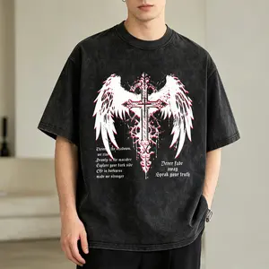 Men's Vintage Washed T-Shirt Cross Wings Skull Text Design Oversized Graphic Tee Outdoor Casual Short Sleeve