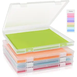 12x12 Inch Scrapbook Paper Storage, 4 Pack Plastic Paper Storage Box with Colorful Tab, Stackable Storage for Paper File, Photo, Craft Supply, Board Game, Office Supply, Vinyl Sheet