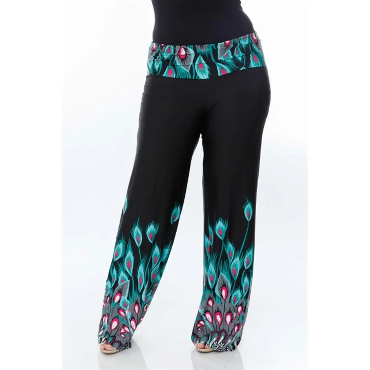 212 MAIN Women's Plus Size Ethnic Casual Chic Trousers - Relaxed Fit, Comfortable Printed Palazzo Pants, Style PS550-106-2XL, 106-Teal Peacock