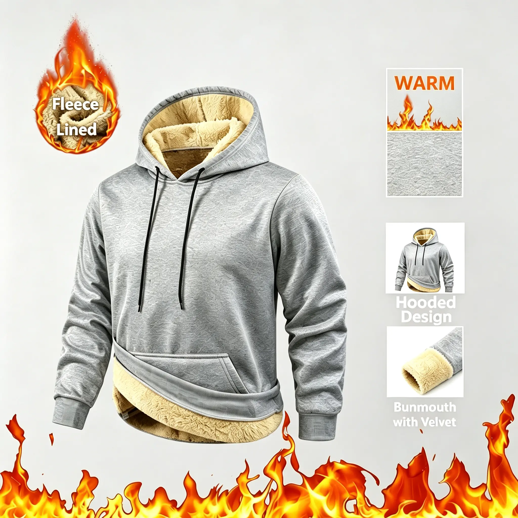Men's Fleece-Lined Hooded Sweatshirt - Menswear Long Sleeve Tops, Thick Cold-Resistant Heavyweight Pullover with Kangaroo Pocket, Stylish Minimalist Winter Warm Hoodie