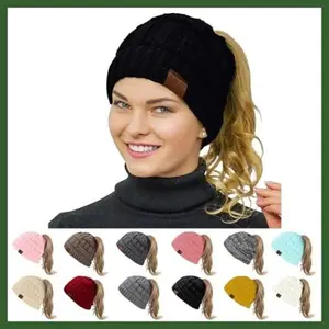 Rosoz Women's Ponytail Beanie - Stylish Winter Hat with Stretch Cable Knit Design for Messy Bun & High Ponytail Hairstyles