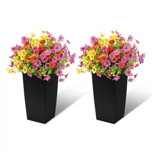 20pcs Artificial Violet Flowers Outdoor with 2 Black Planters 24 inch, Fake Silk Flowers Durable Faux Plants for front Porch, Patio, Garden Decoration home
