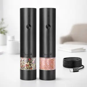 Electric Salt and Pepper Grinder Set, Rechargeable Salt and Pepper Shakers Mills, Automatic Salt Pepper Mill Grinder Adjustable Coarseness One Hand Operation for Kitchen, Dining, Gifting, Black, Rechargeable