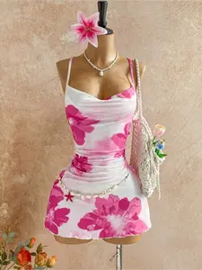 Summer Casual Women's Dress with Ruffle Hem, Floral Random Print Design, Perfect for Home Leisure and Beach Parties, Daily Wear, Womenswear