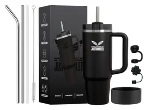 JUSTUMBLER 40 Oz Tumbler with Handle - Leak Proof Insulated Tumbler with Straw & Lid - BPA-free Stainless Steel Tumbler includes Silicone Boot, 3 Straws, 2 Straw Caps, & Cleaning Brush - Black