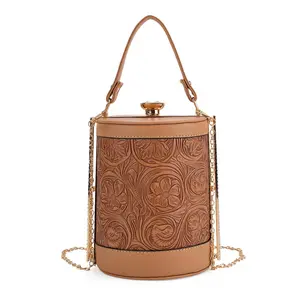 Flower Embossed Faux Leather Cylinder Clutch Bag with Shoulder Strap