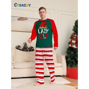 Men's Christmas Pajama Set, Fitted Long Sleeve Top & Striped Pants, Casual Fall Winter Sleepwear, Santa Print, Snow Hat Design