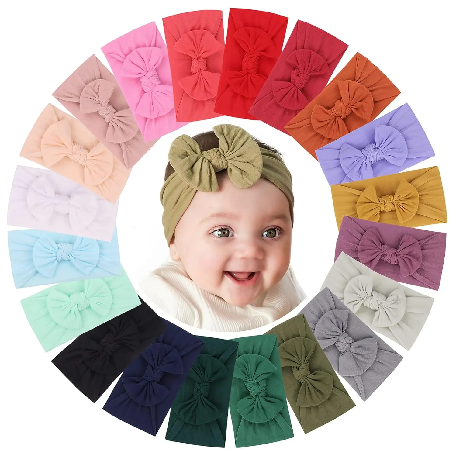 20pcs Baby Girls Nylon Headbands Turban Hair Bows Hair Band Elastic Hair Accessories for Kids Toddlers Infants Newborn