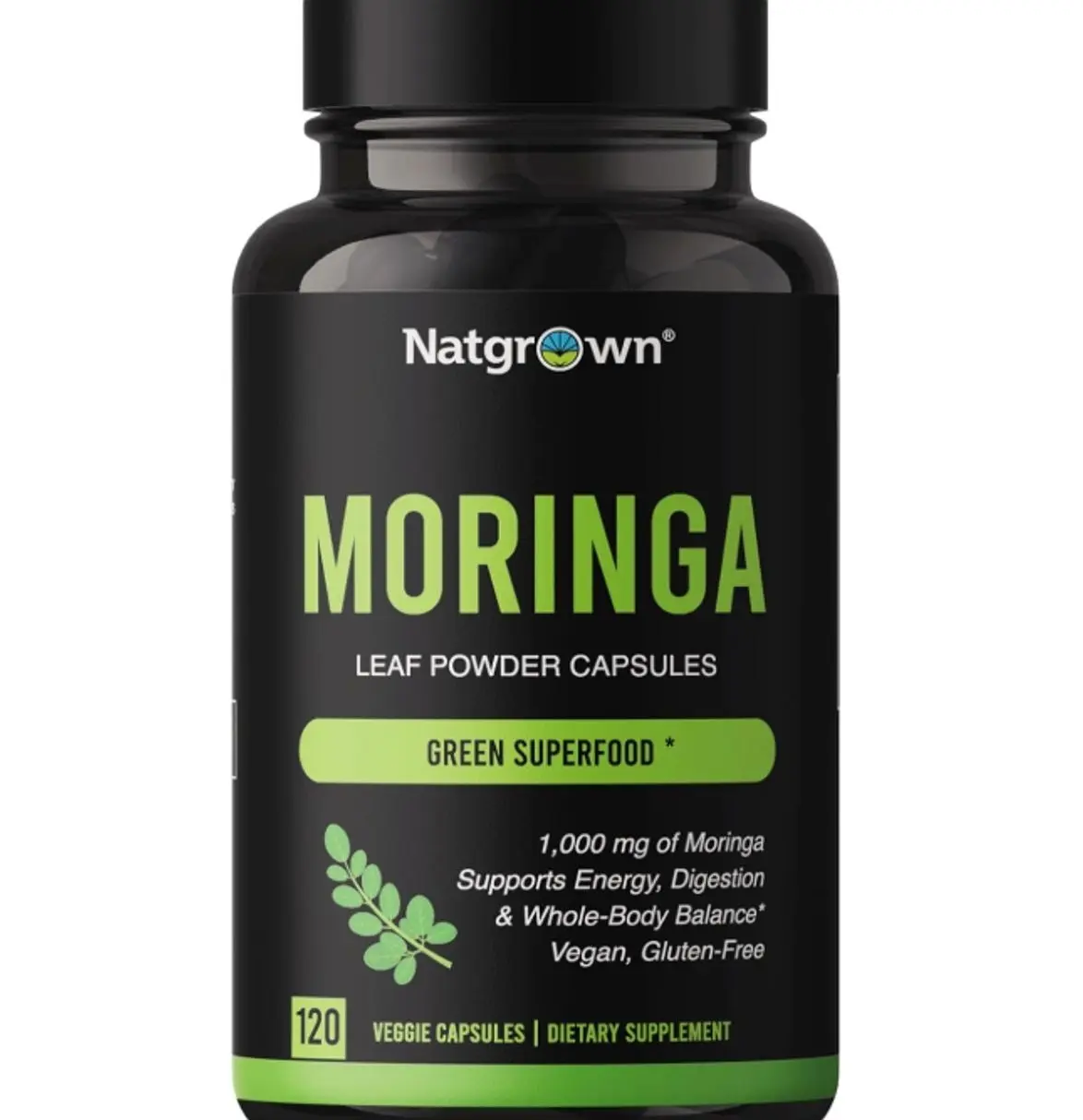 Natgrown Organic Moringa Capsules 1,000 mg - Pure Moringa Leaf Powder - Green Superfood Supplement - Vegan, Gluten-Free - 120 Capsules