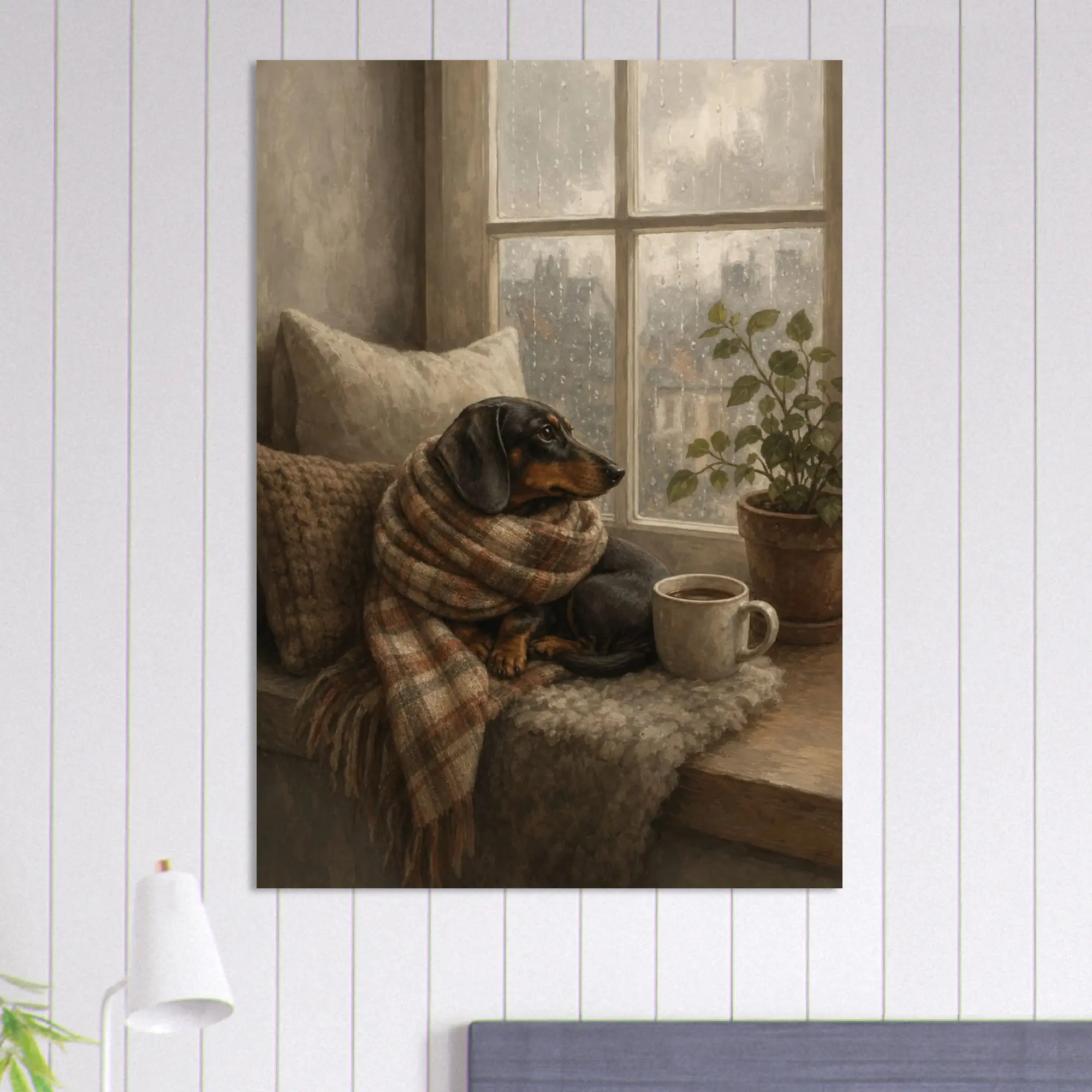 Cozy Dachshund Poster, Cute Wiener Dog Looking Out Window Wall Art, Personalized Gift for Dog Lovers, Minimalist Animal Home Decor Print